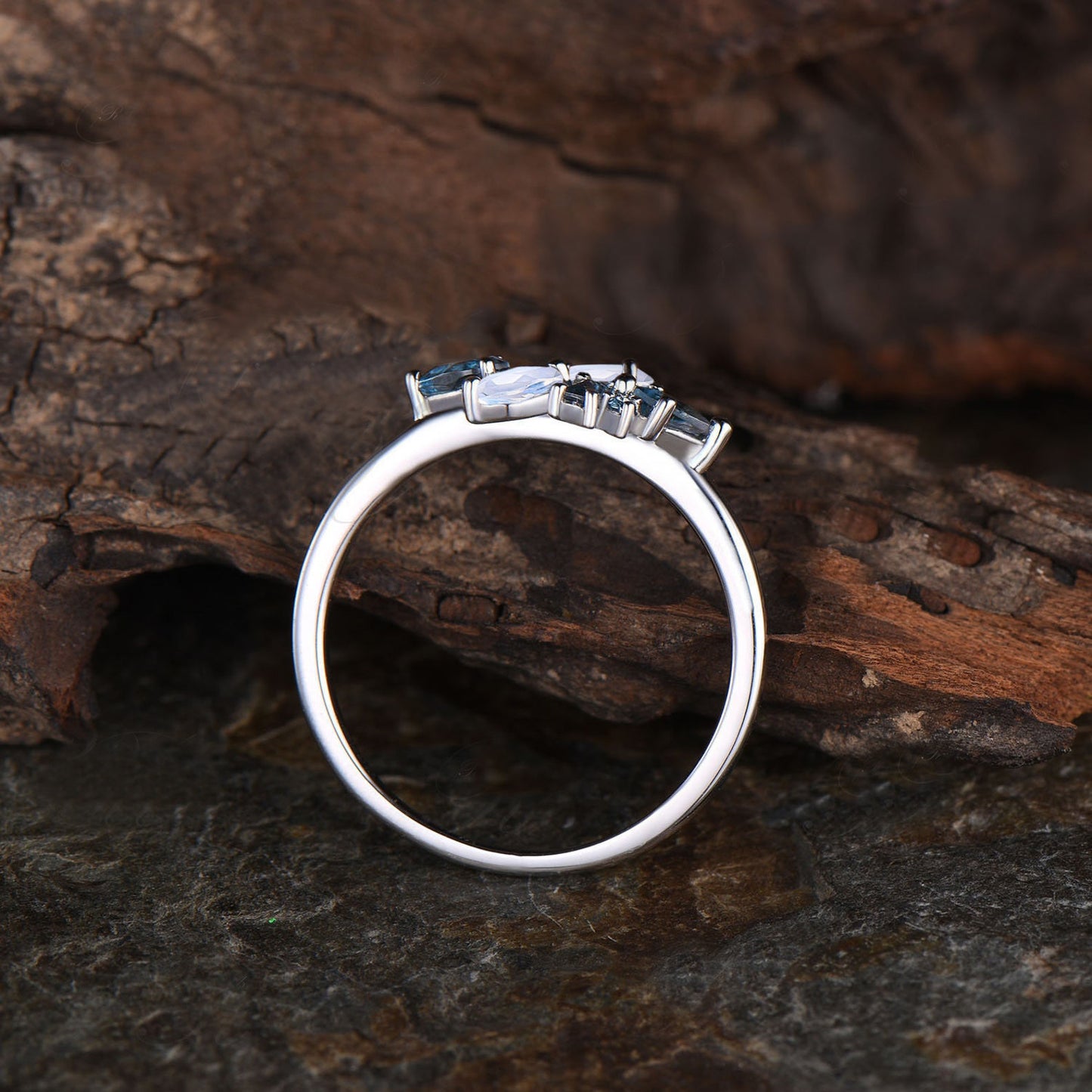 Delicate Natural London Blue Topaz Wedding Band Dainty Natural Moonstone Cluster Ring Minimalist 14k Rose Gold Engagement Gift For Women