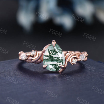 Art Deco Pear Cut Leaf Vine Twig Natural Green Moss Agate Crescent Moon Engagement Ring Set 14K Rose Gold Branch Trinity Knot Wedding Ring