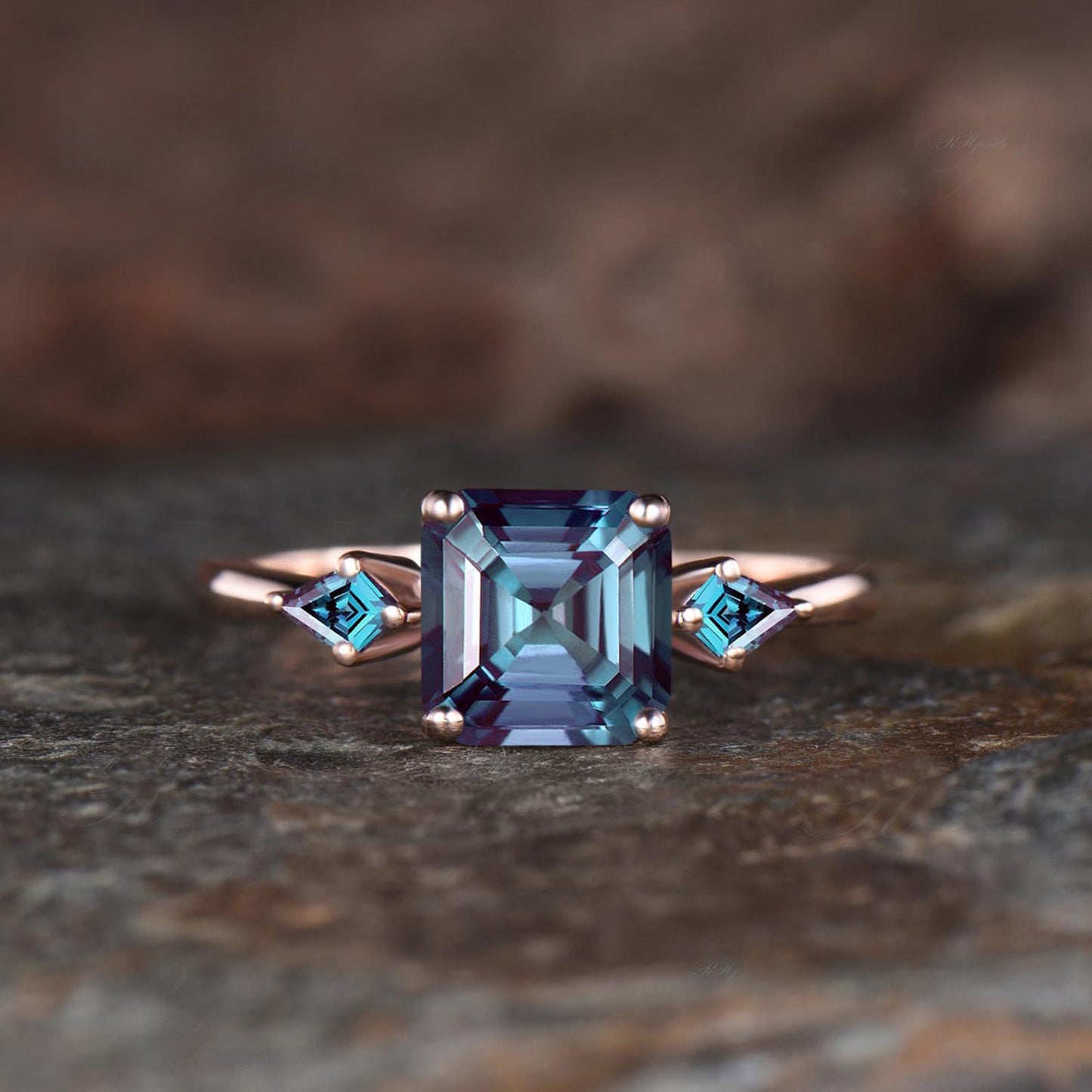 Asscher Cut Alexandrite Engagement Ring June Birthstone Color Change Alexandrite Wedding Ring Art Deco 925 Sterling Silver Three Stone Ring