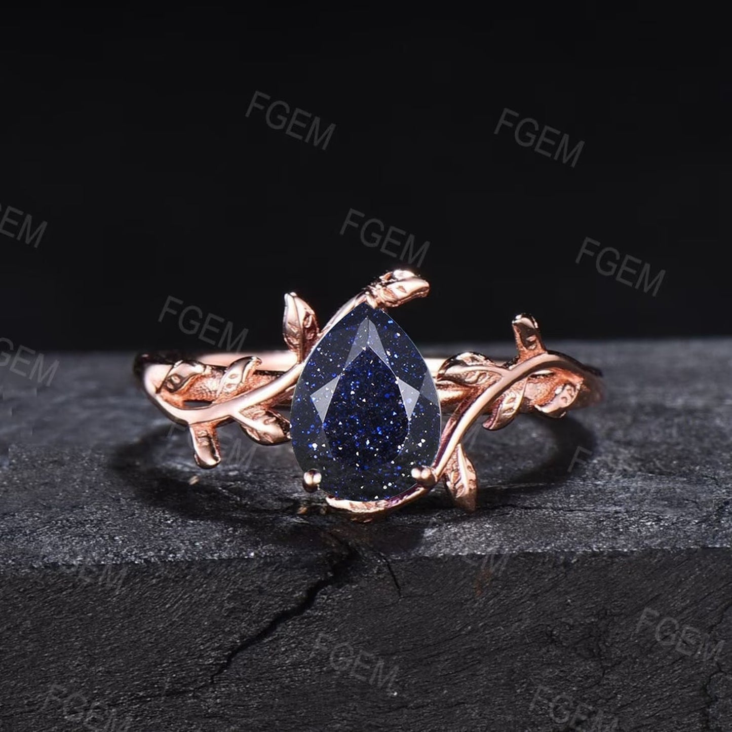 1.25ct Pear Galaxy Blue Sandstone Ring Set Nature Inspired Engagement Ring Leaf Vine Branch Solitaire Ring Women Wedding Anniversary Gifts