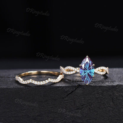 2ct Fireworks Cut Marquise Alexandrite Half Eternity Engagement Ring Twist Infinity Moissanite Yellow Gold Wedding Ring Sets Proposal Gift