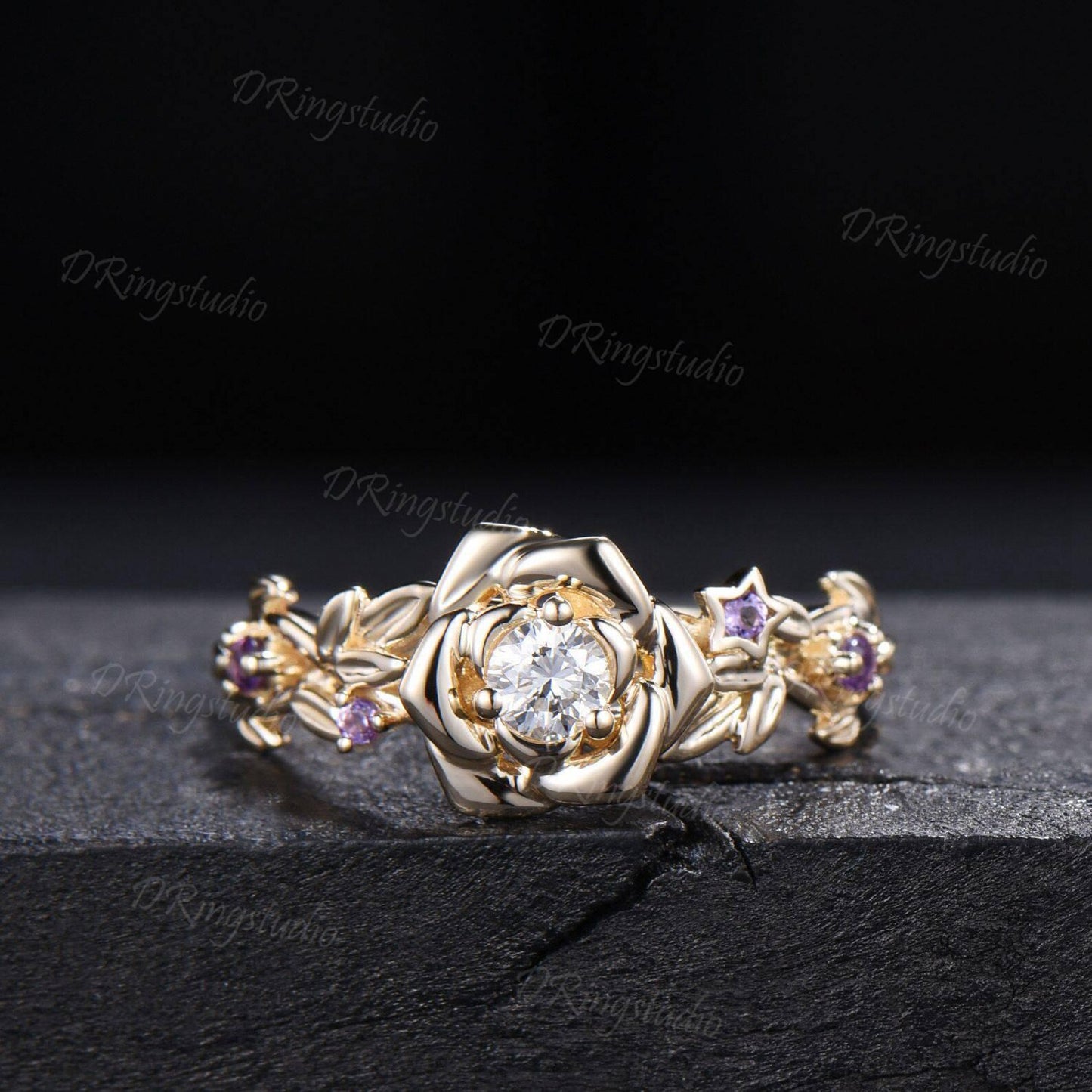 Round Lab Grown Diamond Flower Engagement Ring Set Floral Branch Leaf Bridal Set Amethyst Wedding Band 14K Yellow Gold Anniversary Gift