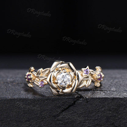 Round Lab Grown Diamond Flower Engagement Ring Set Floral Branch Leaf Bridal Set Amethyst Wedding Band 14K Yellow Gold Anniversary Gift