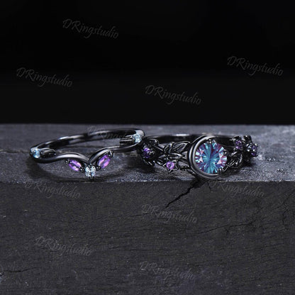 Color-Change Round Fireworks Cut Alexandrite Engagement Ring Crescent Moon Star Black Gold Leaf Vine Bridal Set Amethyst Wedding Ring Gift
