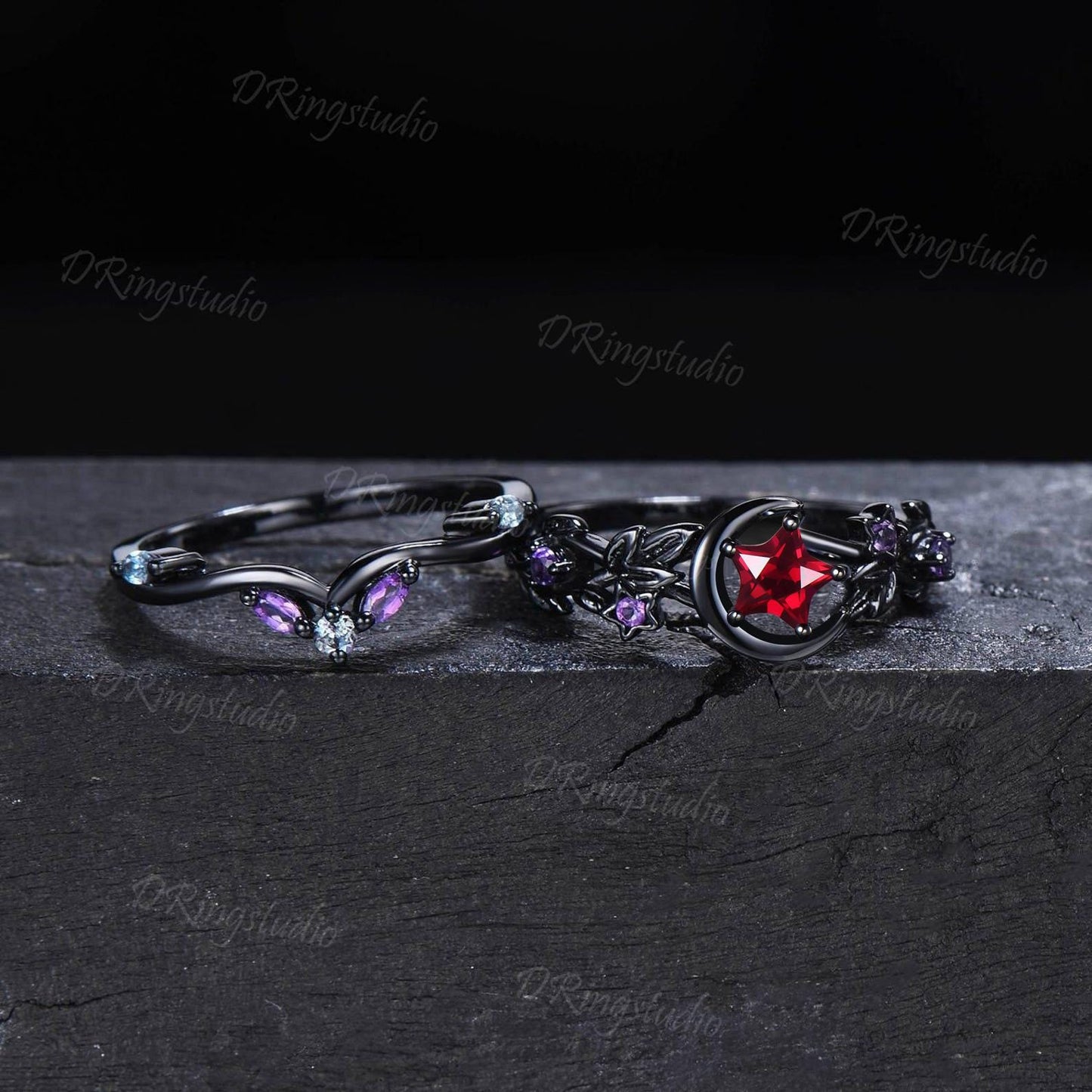 Crescent Moon Star Shape Ruby Engagement Ring Moon Leaf Amethyst Black Gold Star Ruby Promise Ring July Birthstone Bridal Set Proposal Gift