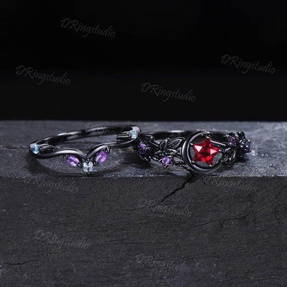 Crescent Moon Star Shape Ruby Engagement Ring Moon Leaf Amethyst Black Gold Star Ruby Promise Ring July Birthstone Bridal Set Proposal Gift