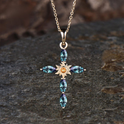 Unique Alexandrite Cross Necklace 14K Yellow Gold Citrine Sun Pendant Dainty Baptism Charm Religious Silver Jewelry Christian Cross Pendant