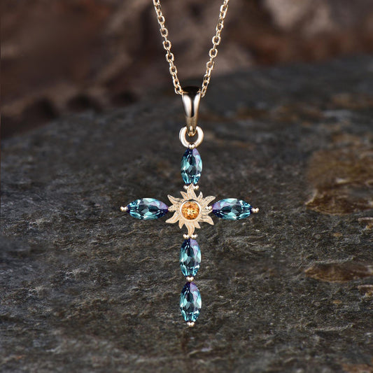 Unique Alexandrite Cross Necklace 14K Yellow Gold Citrine Sun Pendant Dainty Baptism Charm Religious Silver Jewelry Christian Cross Pendant