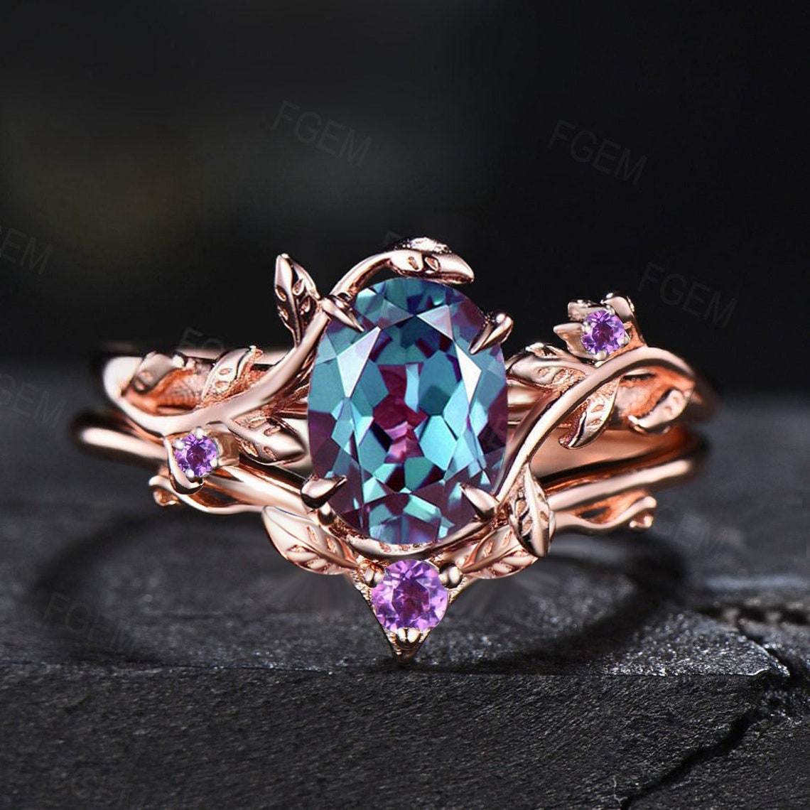 Branch Nature Alexandrite Ring Set 1.5ct Oval Cut Color-Change Alexandrite Engagement Ring June Birthstone Wedding Ring Twig Leaf Bridal Set