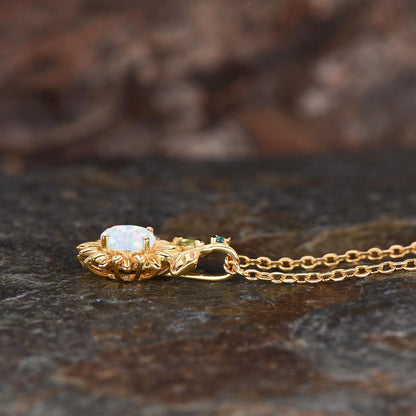 Vintage White Opal Sunflower Necklace Round Cut Fire Opal With Emerald Peridot Leaf Floral Pendant Dainty October Birthstone Jewelry Gift