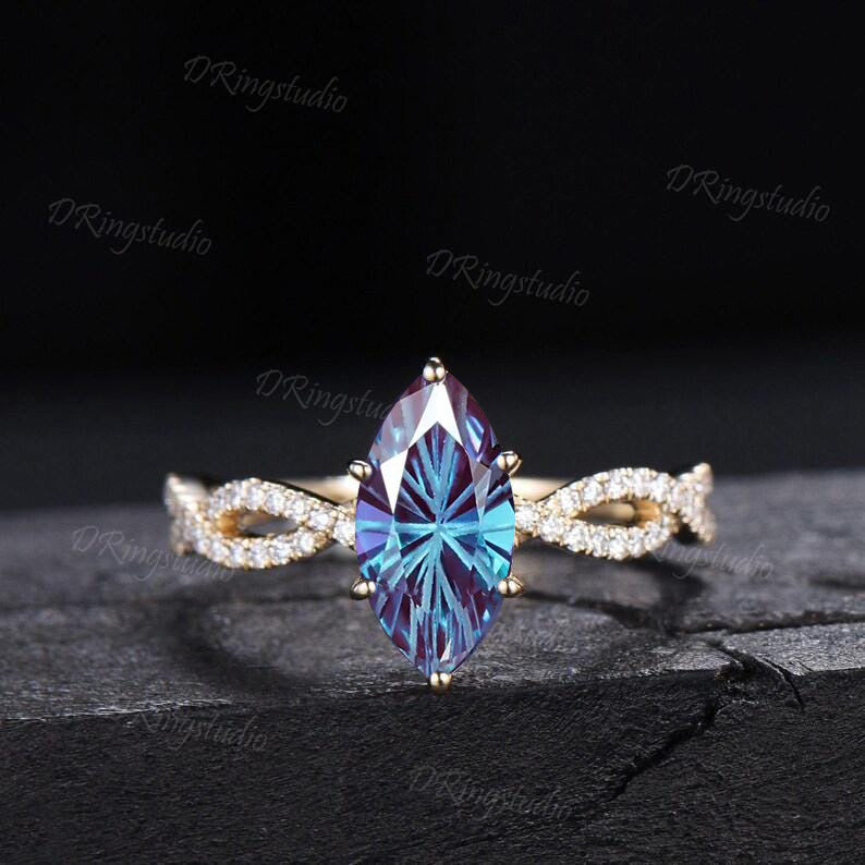 2ct Fireworks Cut Marquise Alexandrite Half Eternity Engagement Ring Twist Infinity Moissanite Yellow Gold Wedding Ring Sets Proposal Gift
