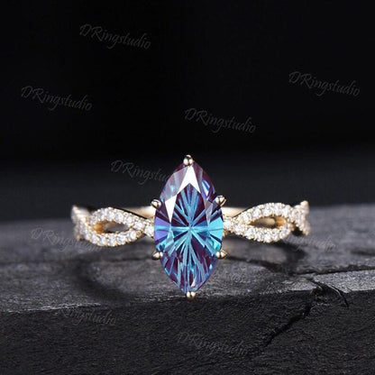 2ct Fireworks Cut Marquise Alexandrite Half Eternity Engagement Ring Twist Infinity Moissanite Yellow Gold Wedding Ring Sets Proposal Gift