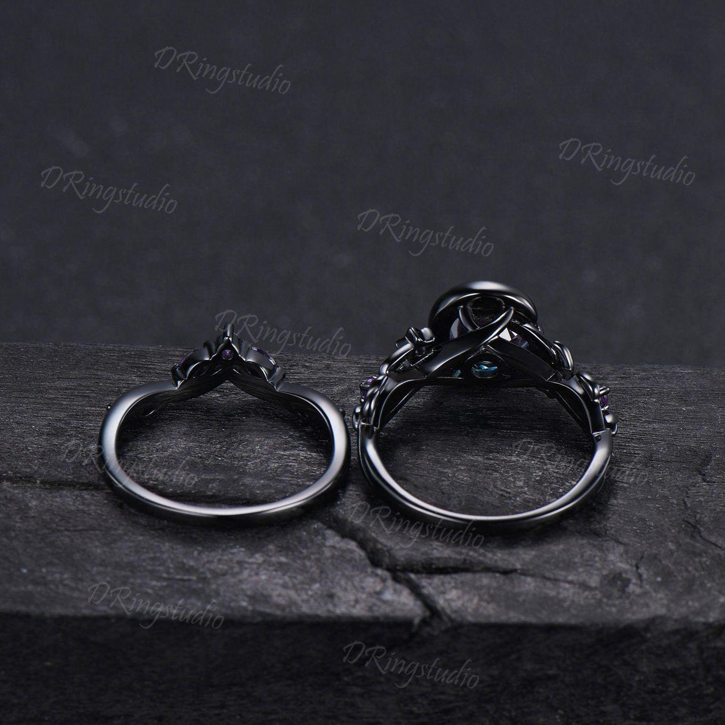 Heart Color Change Alexandrite Engagement Ring Set Moon Star Celestial Black Twig Branch Amethyst Wedding Ring June Birthstone Proposal Gift
