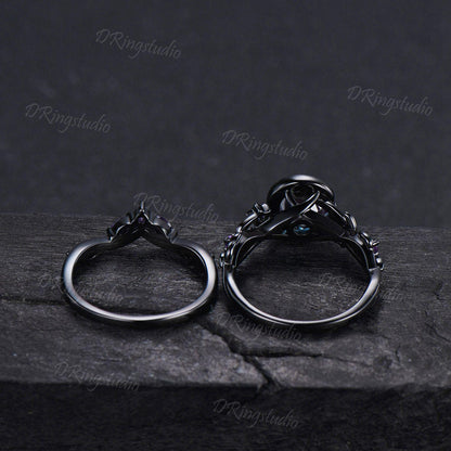 Heart Color Change Alexandrite Engagement Ring Set Moon Star Celestial Black Twig Branch Amethyst Wedding Ring June Birthstone Proposal Gift