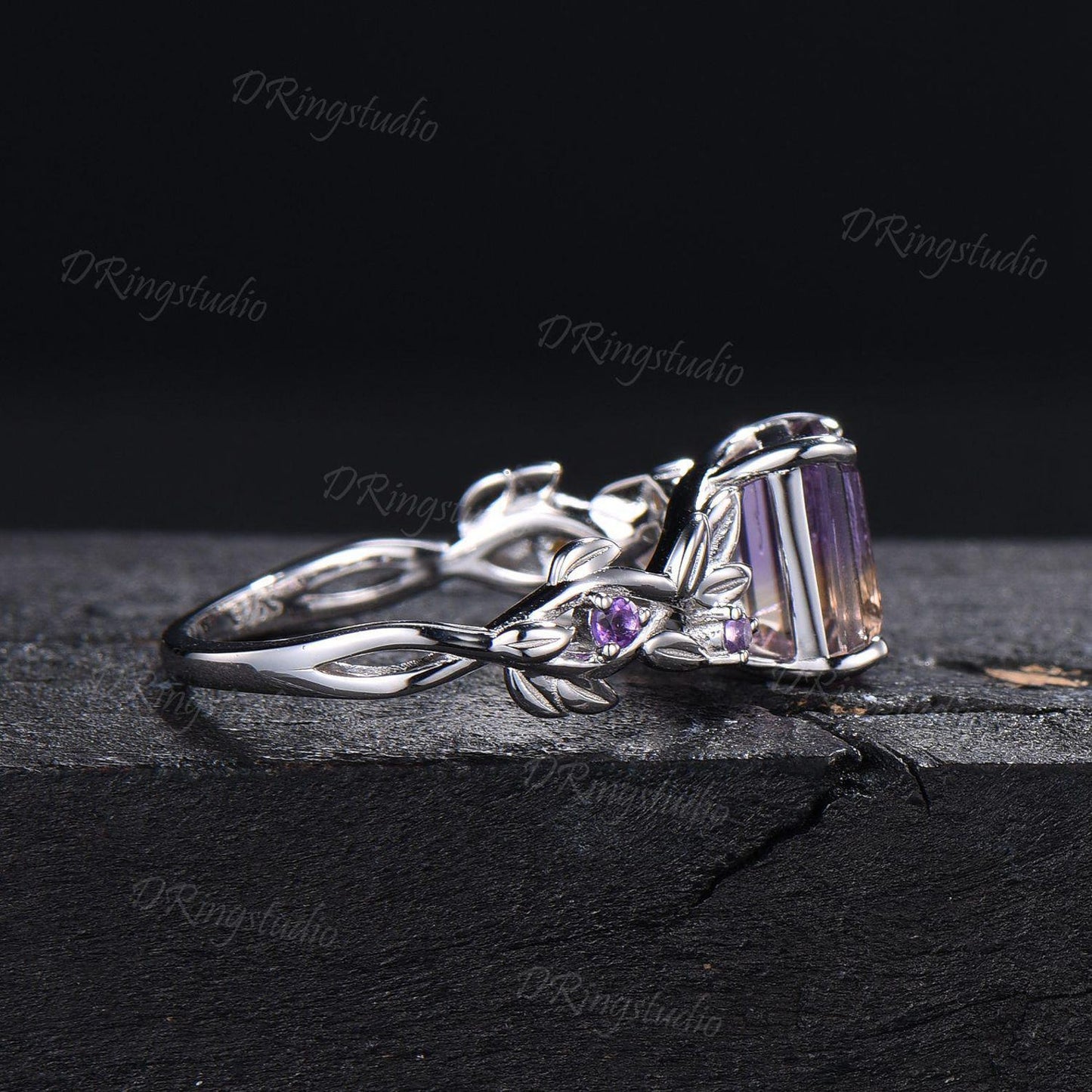 Nature Inspired Emerald Cut Ametrine Engagement Ring 925 Sterling Silver Branch Leaf Amethyst Citrine Bridal Ring Bio Color Ametrine Ring