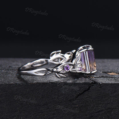Nature Inspired Emerald Cut Ametrine Engagement Ring 925 Sterling Silver Branch Leaf Amethyst Citrine Bridal Ring Bio Color Ametrine Ring
