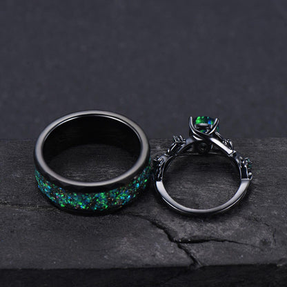 Gothic Black Opal Couple Rings Set Black Gold Pear Shaped Black Opal Engagement Ring Set Nebula Ring Tungsten Ring His and Hers Wedding Band