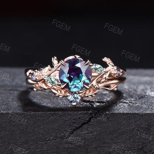 1ct Round Nature Inspired Color-Change Alexandrite Ring Rose Gold Cluster Moss Agate Engagement Ring Vintage Branch Alexandrite Bridal Sets