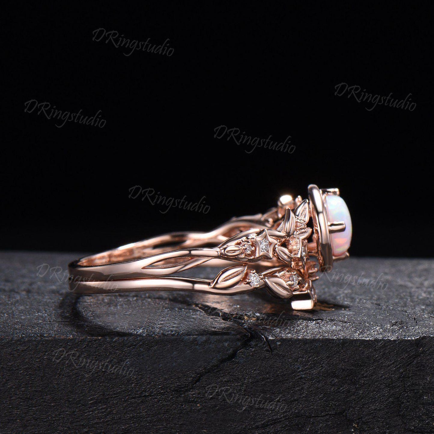 Nature Inspired Round White Opal Bridal Ring Set Moissanite Cluster Moon Star Rose Gold Engagement Ring Leaf Vine Crescent Moon Ring for Her