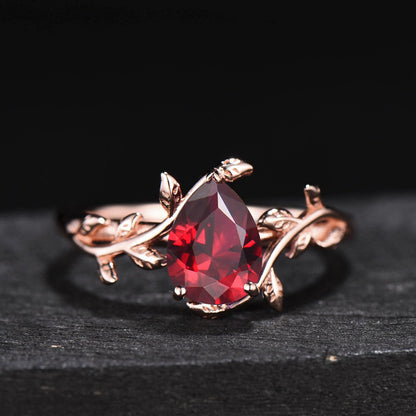 1.25ct Pear Shaped Ruby Gemstone Jewelry 14K Yellow Gold Twig Leaf Ruby Engagement Rings Anniversary Ring For Women July Birthstone Gift