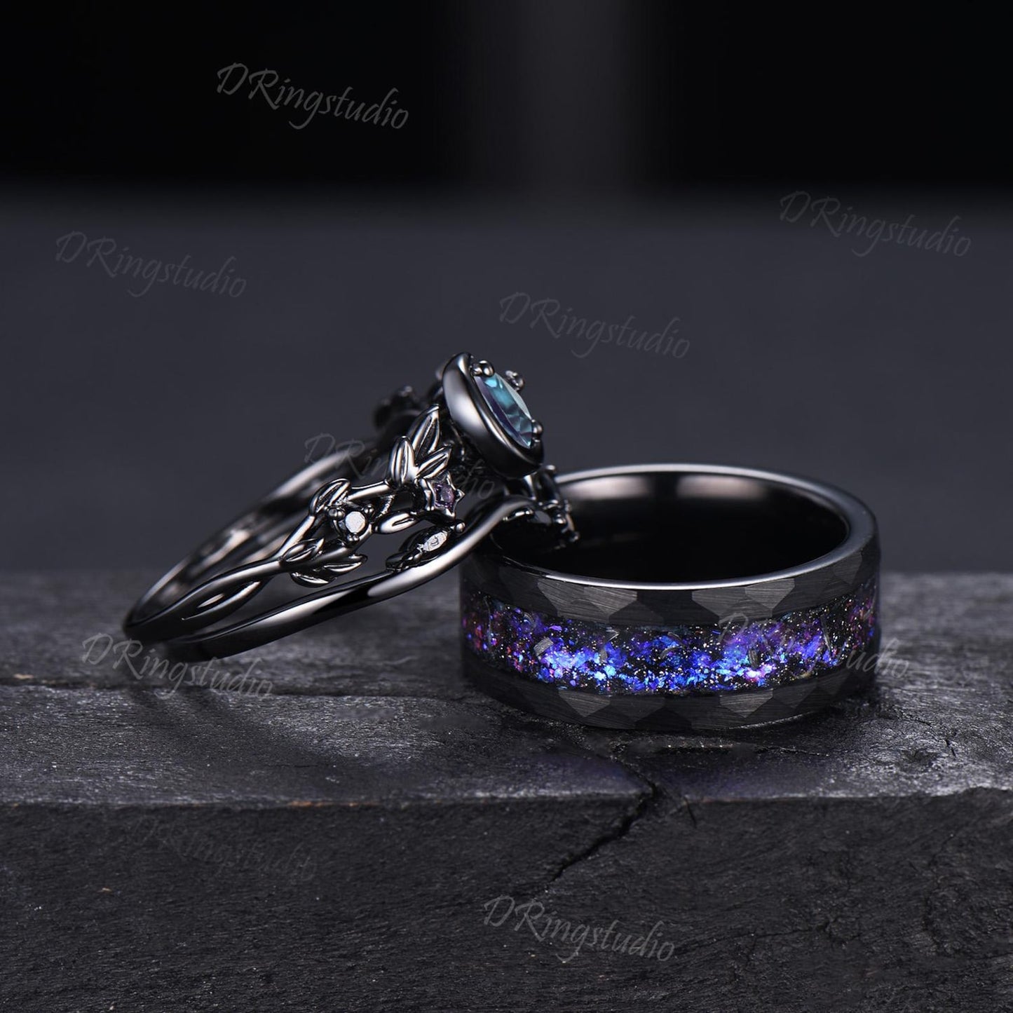 2pcs Round Color-Change Alexandrite Couple Ring Set Goth Galaxy Nebula His and Hers Wedding Ring Set Black Gold Twig Leaf Ring Tungsten Band