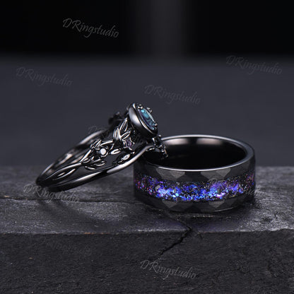 2pcs Round Color-Change Alexandrite Couple Ring Set Goth Galaxy Nebula His and Hers Wedding Ring Set Black Gold Twig Leaf Ring Tungsten Band
