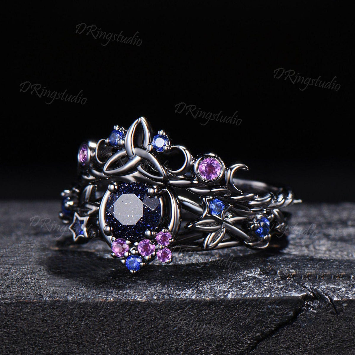 Blue Sandstone Moon Engagement Ring Set Gothic Black Gold Amethyst Sapphire Stacking Ring Nature Inspired Celtic knot Starry Promise Ring