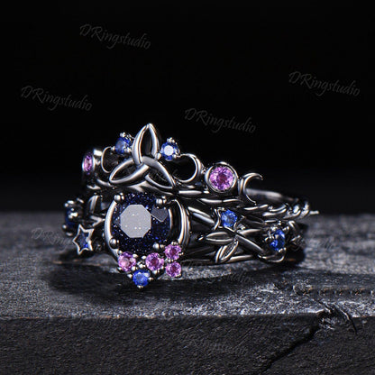 Blue Sandstone Moon Engagement Ring Set Gothic Black Gold Amethyst Sapphire Stacking Ring Nature Inspired Celtic knot Starry Promise Ring