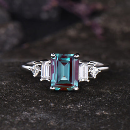 Emerald Shaped Alexandrite Engagement Ring Set Unique Baguette Princess Moissanite Five Stone Ring Vintage June Birthstone Anniversary Gift