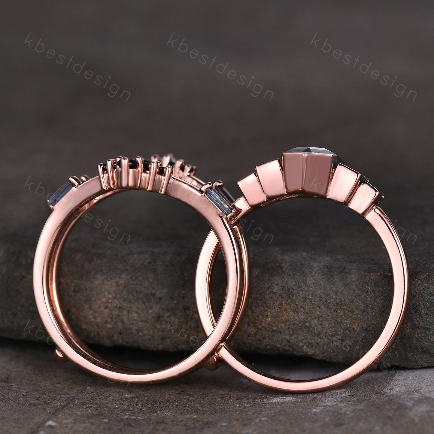 Vintage moss agate engagement ring Set Unique rose gold baguette cut emerald ring Retro Double curved Alexandrite wedding band Bridal ring