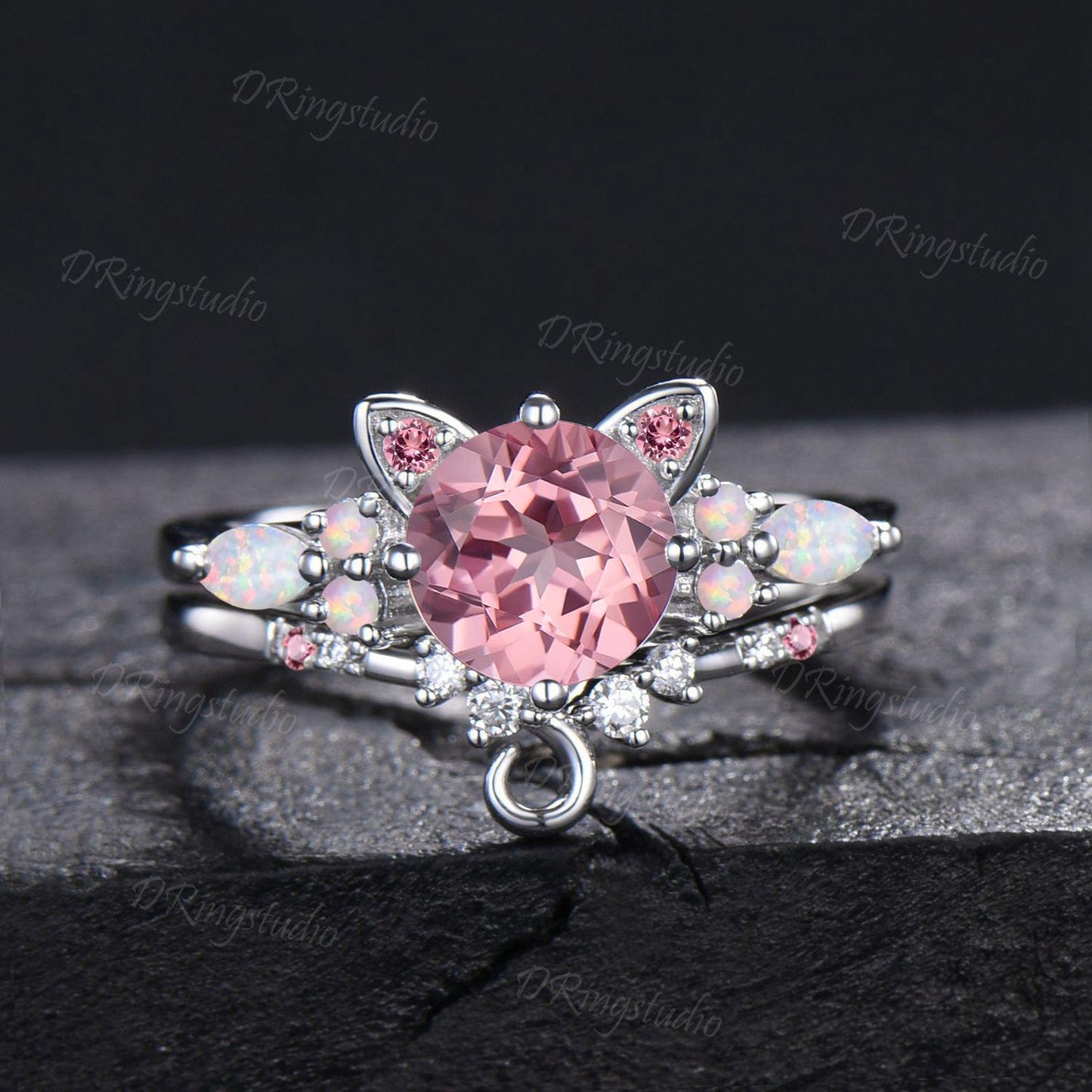 7mm Round Padparadscha Pink Sapphire Cat Tail Engagement Ring Set White Gold Dainty Kitten Ring Pink Gemstone Opal Bridal Set For Cat Lover