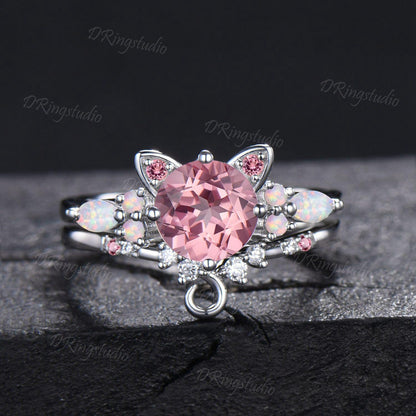 7mm Round Padparadscha Pink Sapphire Cat Tail Engagement Ring Set White Gold Dainty Kitten Ring Pink Gemstone Opal Bridal Set For Cat Lover