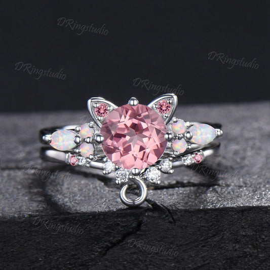 7mm Round Padparadscha Pink Sapphire Cat Tail Engagement Ring Set White Gold Dainty Kitten Ring Pink Gemstone Opal Bridal Set For Cat Lover