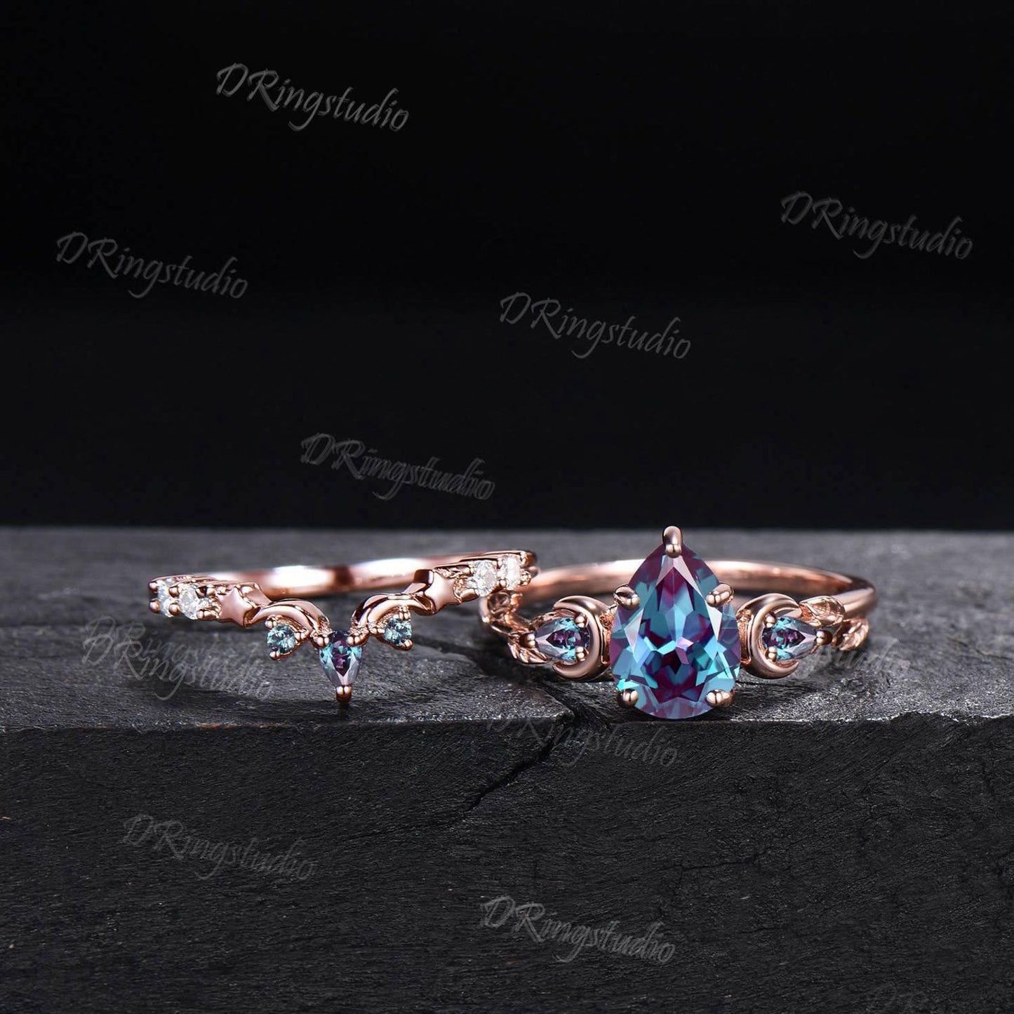 14k Rose Gold Teardrop Alexandrite Engagement Ring Unique Moon Star Wedding Ring Set Moon Leaf Bridal Ring Set June Birthstone Proposal Gift