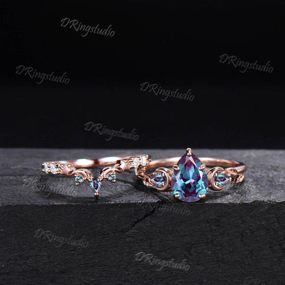 14k Rose Gold Teardrop Alexandrite Engagement Ring Unique Moon Star Wedding Ring Set Moon Leaf Bridal Ring Set June Birthstone Proposal Gift