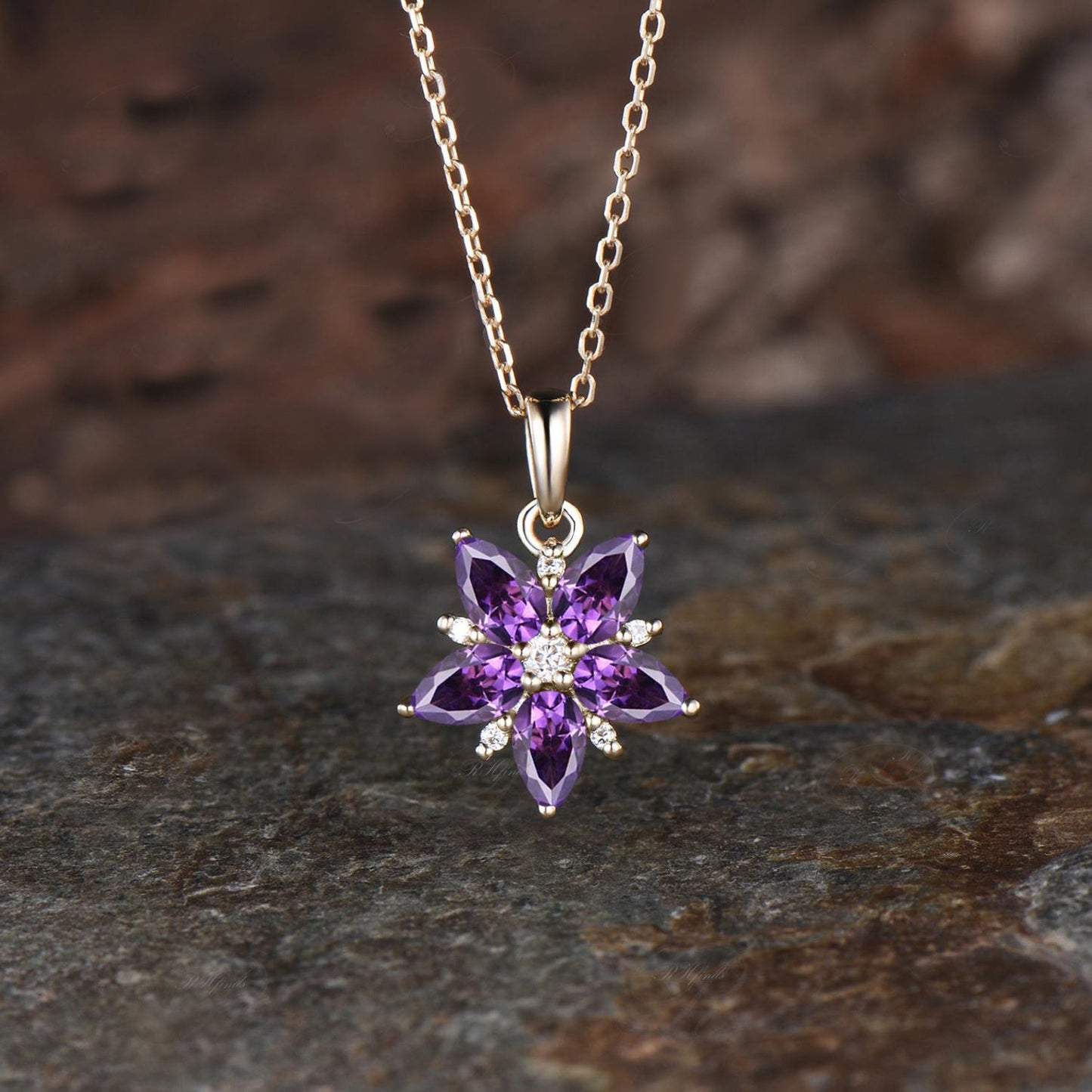 Minimalist Pear Cut Natural Amethyst Cherry Necklace Unique Flower Pendant Delicate February Birthstone Purple Crystal Necklace