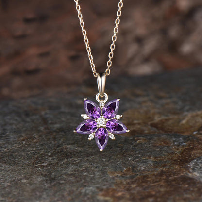 Minimalist Pear Cut Natural Amethyst Cherry Necklace Unique Flower Pendant Delicate February Birthstone Purple Crystal Necklace