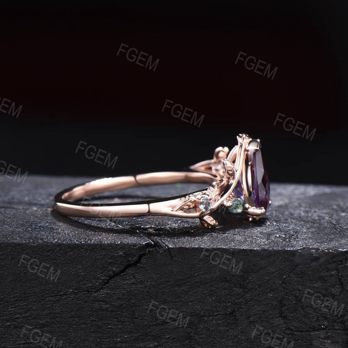 1.25ct Pear Nature Inspired Branch Color-Change Alexandrite Wedding Ring 10K Rose Gold Cluster Moss Agate Ring Unique June Birthstone Gifts