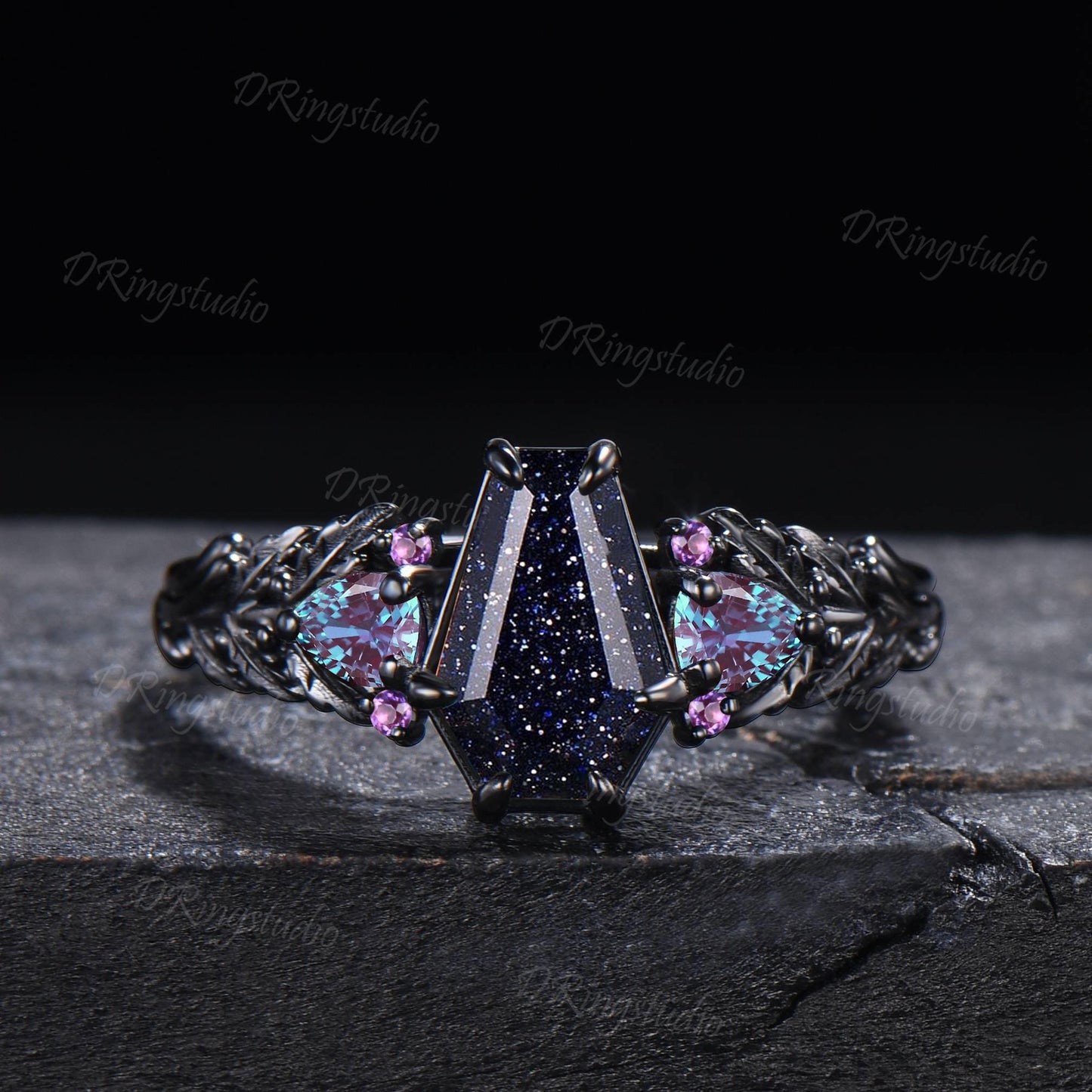 Coffin Cut Blue Sandstone Nature Inpsired Engagement Ring Oak Twig Leaf Amethyst Alexandrite Bridal Ring 14K Black Gold Nebula Ring for Her