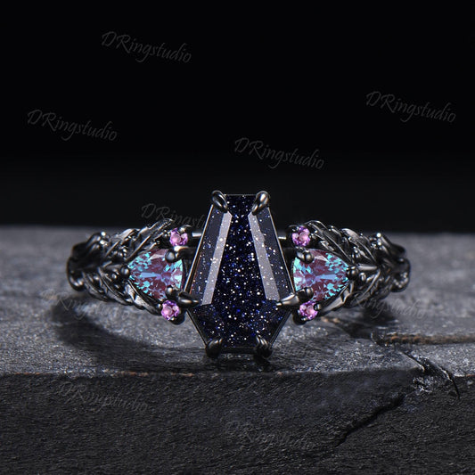 Coffin Cut Blue Sandstone Nature Inpsired Engagement Ring Oak Twig Leaf Amethyst Alexandrite Bridal Ring 14K Black Gold Nebula Ring for Her