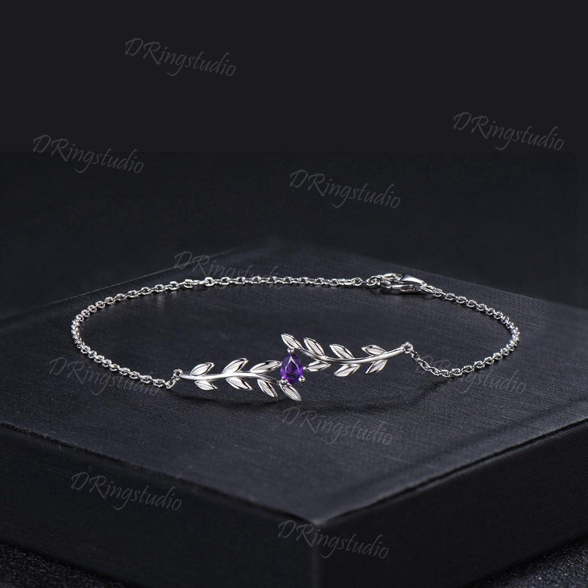 Nature inspired Pear Shaped Amethyst Bracelet Dainty Rose Gold Twig Leaf Vine Bracelet Art Deco Stackable Bracelet Birthday Gift For Women