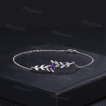 Nature inspired Pear Shaped Amethyst Bracelet Dainty Rose Gold Twig Leaf Vine Bracelet Art Deco Stackable Bracelet Birthday Gift For Women