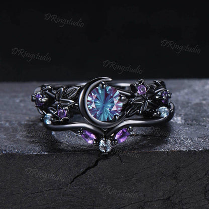 Color-Change Round Fireworks Cut Alexandrite Engagement Ring Crescent Moon Star Black Gold Leaf Vine Bridal Set Amethyst Wedding Ring Gift