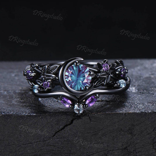 Color-Change Round Fireworks Cut Alexandrite Engagement Ring Crescent Moon Star Black Gold Leaf Vine Bridal Set Amethyst Wedding Ring Gift