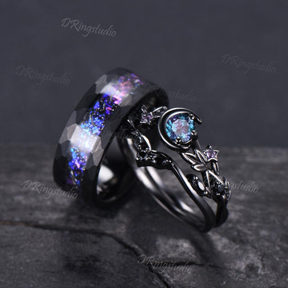 2pcs Round Color-Change Alexandrite Couple Ring Set Goth Galaxy Nebula His and Hers Wedding Ring Set Black Gold Twig Leaf Ring Tungsten Band