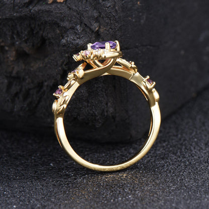 Moon Star Round Cut Ametrine Engagement Ring Rose Gold Nature Inspired Leaf Ring Cluster Citrine Amethyst Wedding Ring Ametrine Crystal Ring