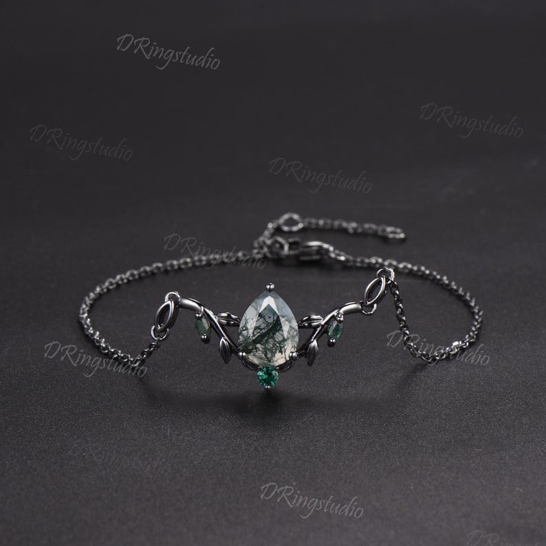 Rose Gold Branch Leaf Bracelet Nature Inspired Wedding Bracelet Pear Shaped Natural Moss Agate Bracelet Boho Bridal Jewelry Proposal Gift
