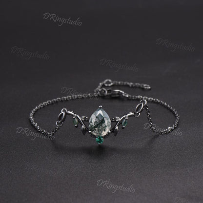 Rose Gold Branch Leaf Bracelet Nature Inspired Wedding Bracelet Pear Shaped Natural Moss Agate Bracelet Boho Bridal Jewelry Proposal Gift