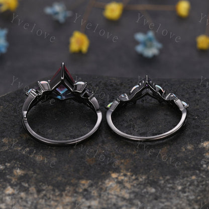 Black Gold Alexandrite Engagement Ring Set with Opal & Amethyst Vines