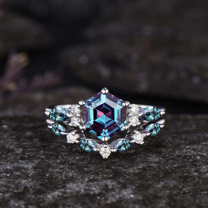 Unique June Birthstone Hexagon Cut Alexandrite Engagement Ring Set Moissanite Seven Stone Ring 14k Rose Gold 2pcs Bridal Ring Set Women
